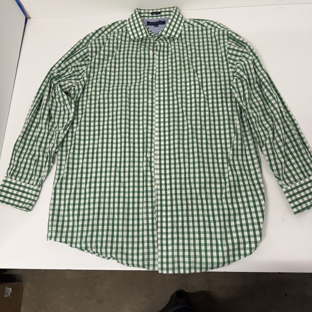 Tommy Hilfiger Men's Dress Shirt 16 32/33 Green White Gingham Regular Fit